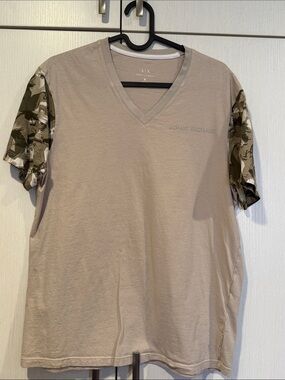 Armani Exchange Taupe V-Neck Tee with Green Camo Short Sleeves